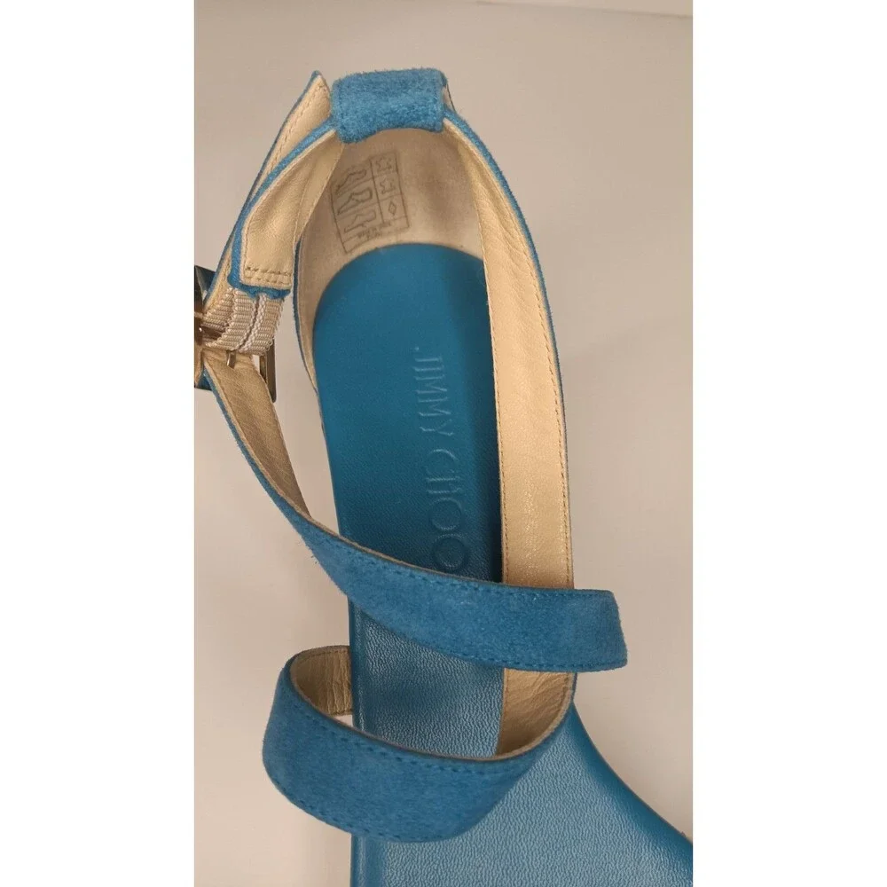 Jimmy Choo Wedge Sandals Blue Suede Cork Espadrilles Made in Spain Size 38 - Picture 8 of 16
